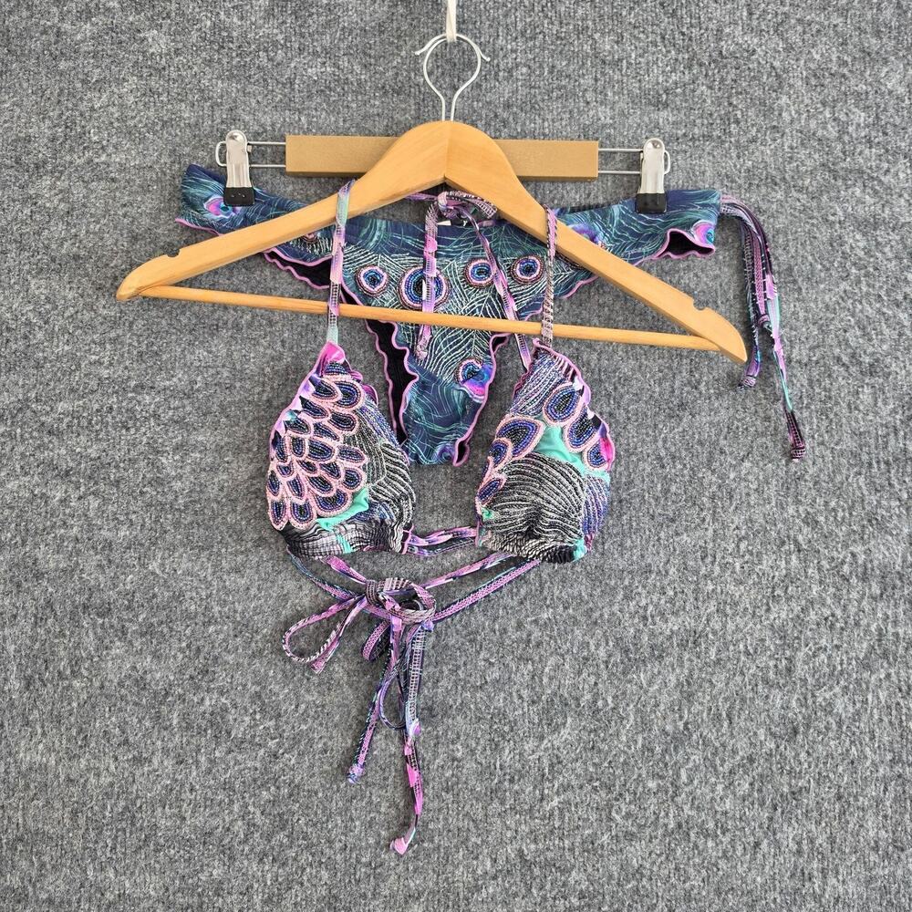 Agua Bendita Bikini Set Large Mecca Beaded Peacock Triangle Ruffle Beach Pool
